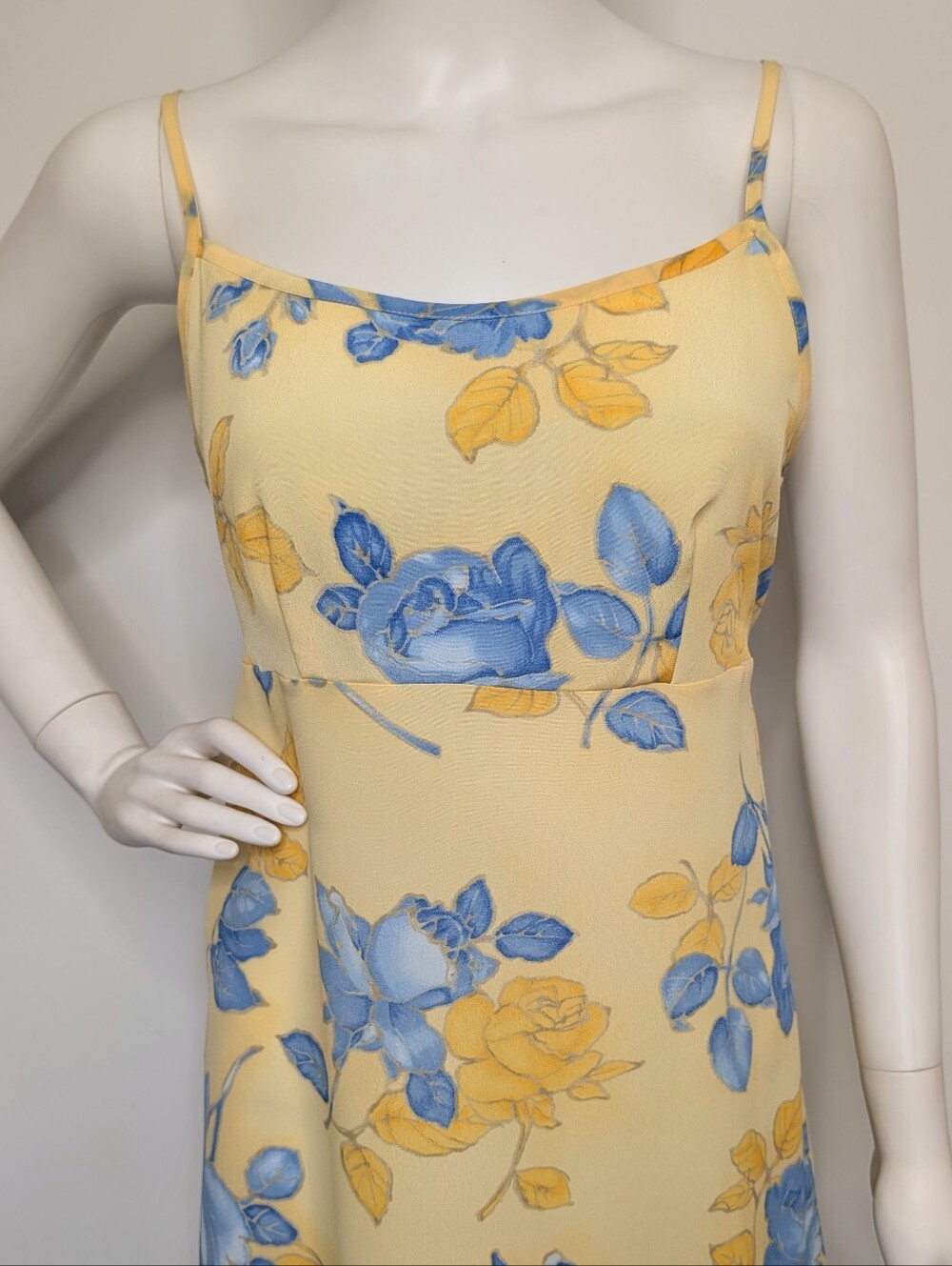 Y2K Yellow & Blue Floral Spaghetti Strap Empire Waist Semi Sheer Maxi Dress - Picture 4 of 13